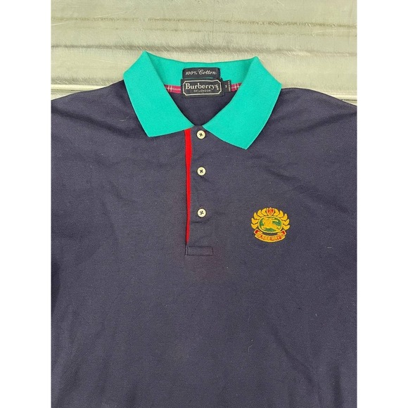 Vintage Burberry Polo Shirt Mens Medium Navy Blue 100% Cotton Made In USA - Picture 2 of 7